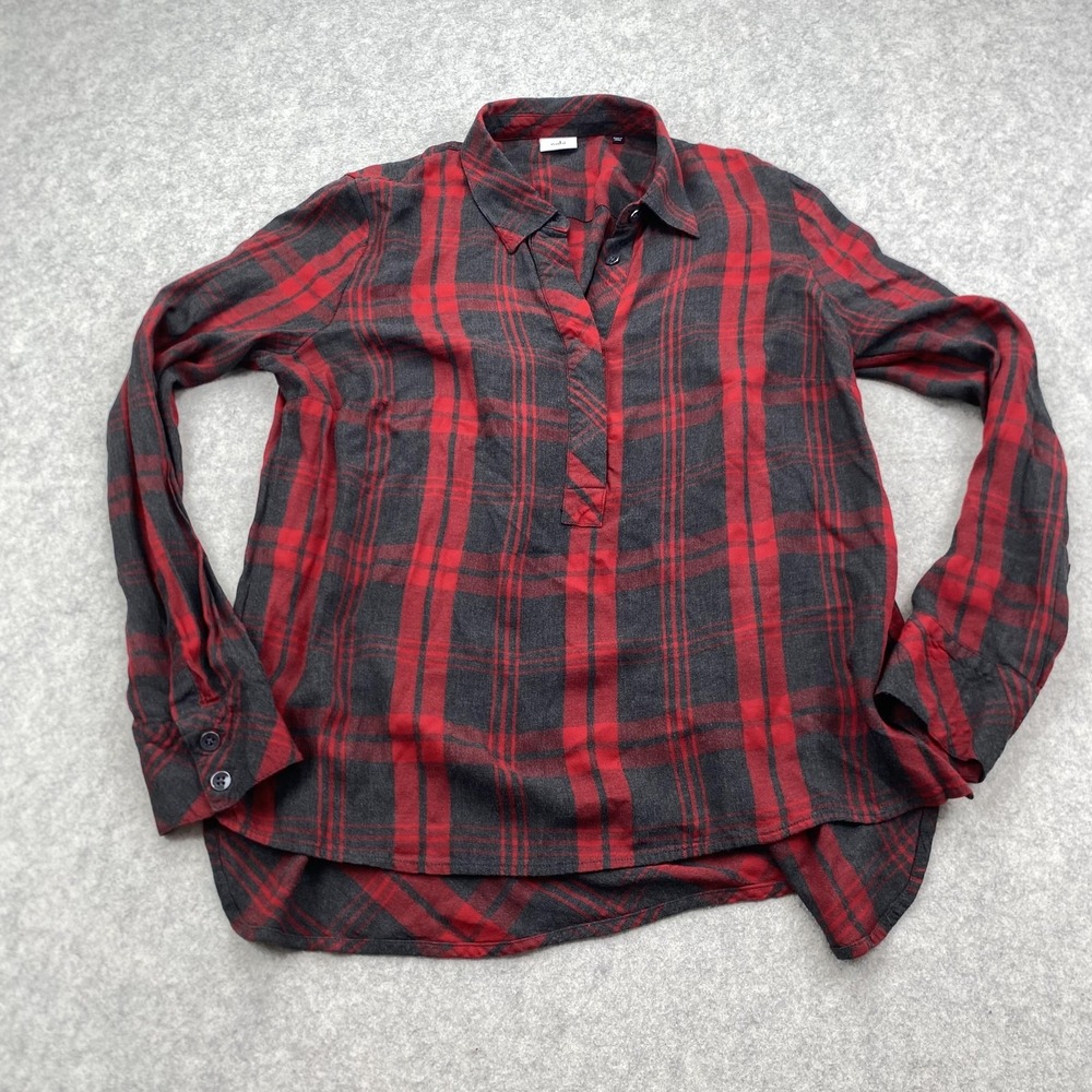 CAbi Blouse Womens Medium Red Plaid Collared Henley Long Sleeve Rayon Tunic Top